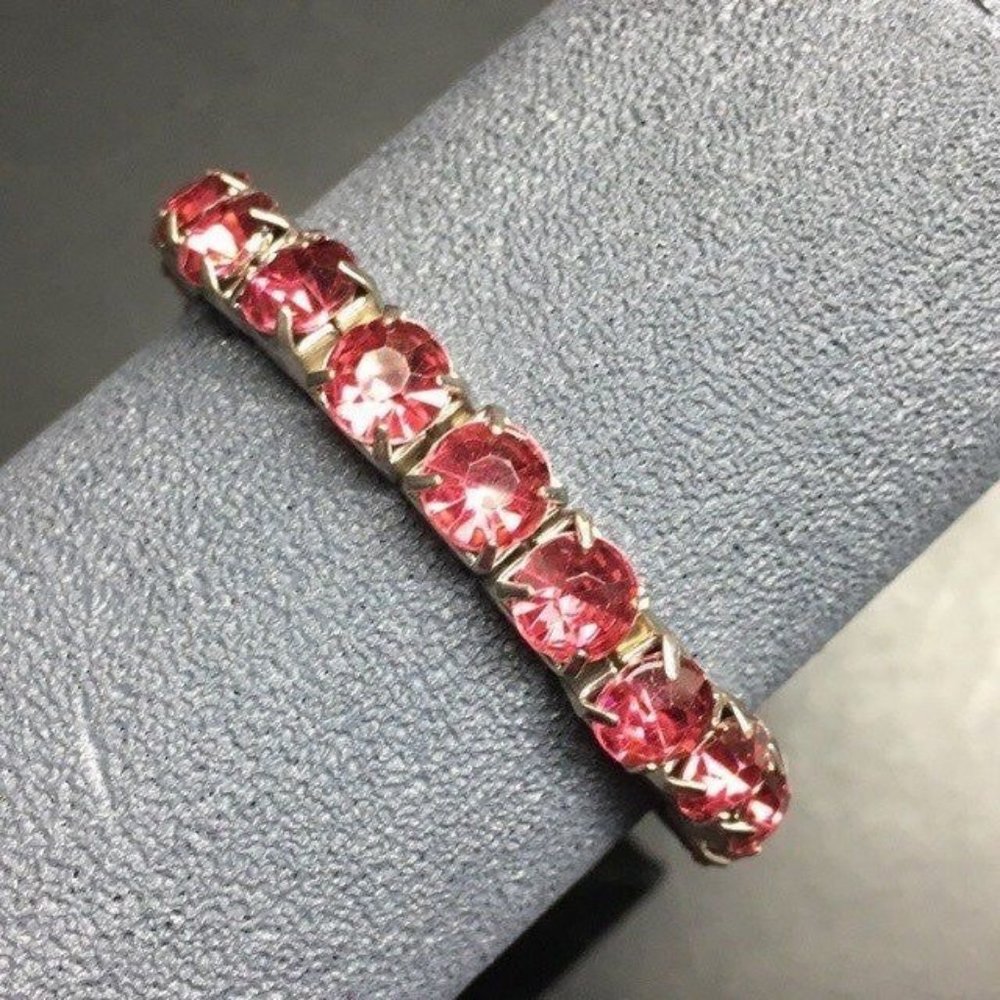 Dark Pink Rhinestone Bracelet Silver Chunky Stretch Bling Glam Retro Barbie